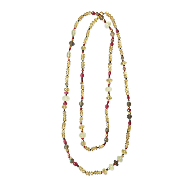 Peacock Necklace with Lemon Quartz, Ruby, Labradorite, Spinel and Pink Sapphire in 18kt Yellow Gold