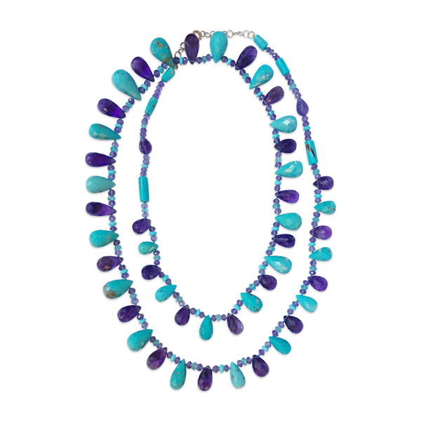 Peacock Necklace with Turquoise, Amethyst and Apatite Necklace in 18kt Yellow Gold