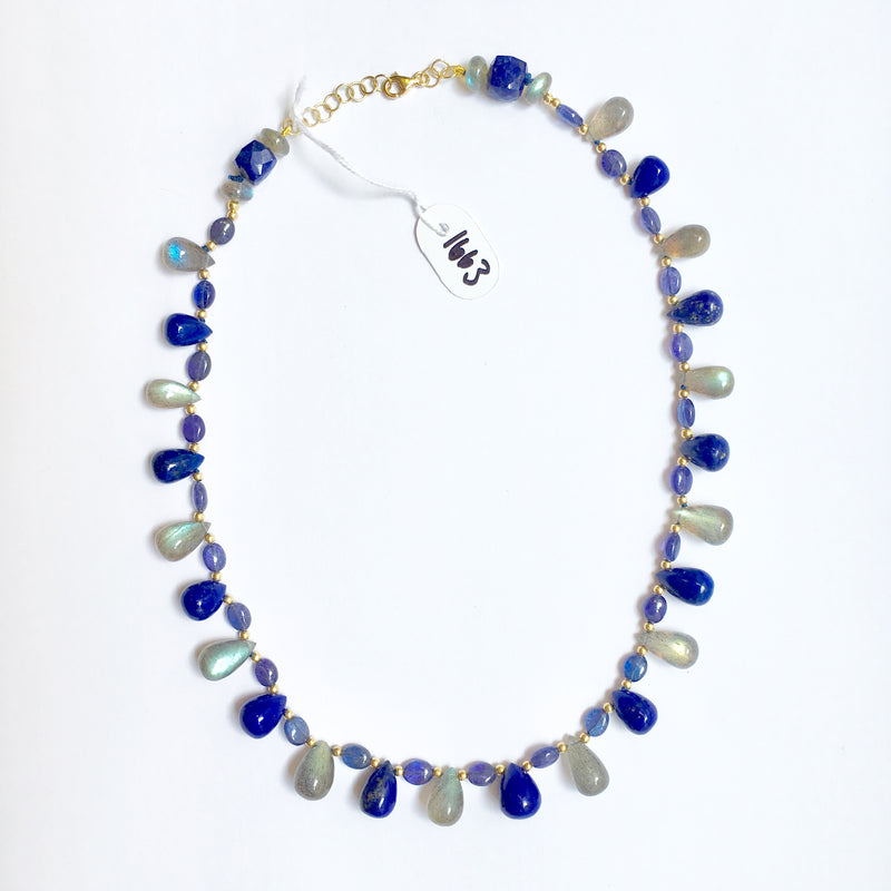 Peacock Necklace with Labradorite, Tanzanite and Lapis Lazuli in 18kt Yellow Gold