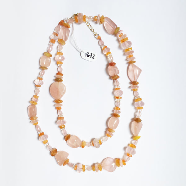 Peacock Necklace with Pink Quartz, Rock Crystal and Carnelian in 18kt Yellow Gold