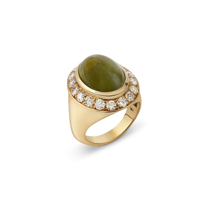 Pinky Green Sapphire and Diamond Yellow Gold Ring