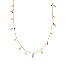 Yellow Gold Leaf Necklace with Aquamarine and Ruby