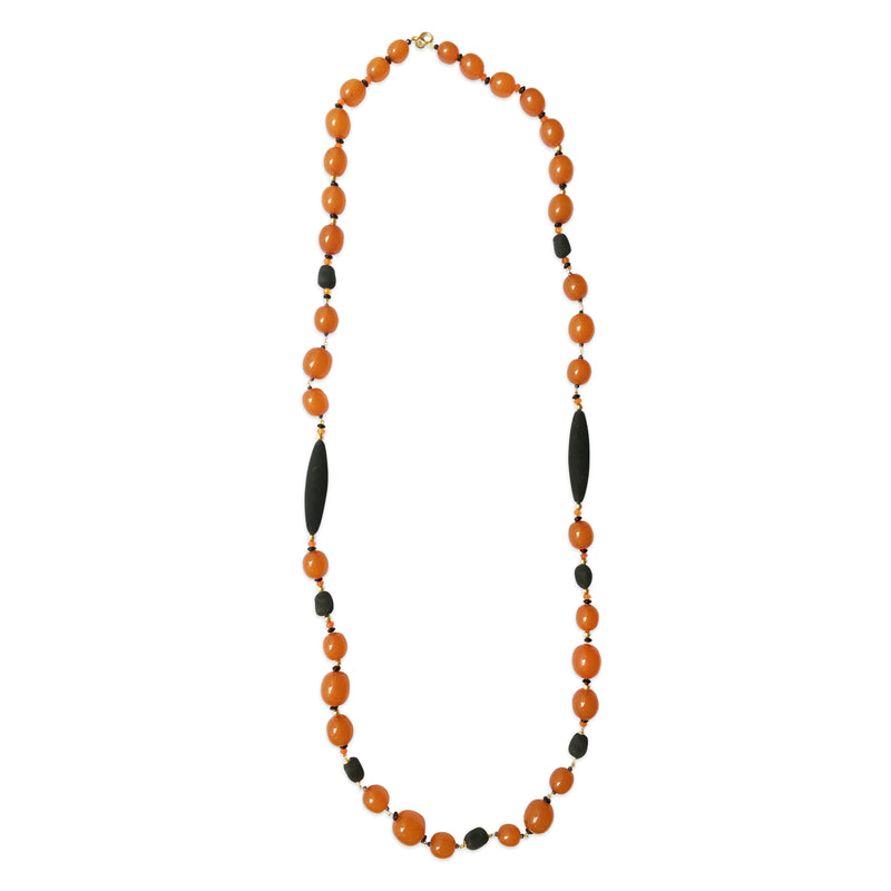 Peacock Necklace with Amber, Volcanic Rock and Onyx in 18kt Yellow Gold