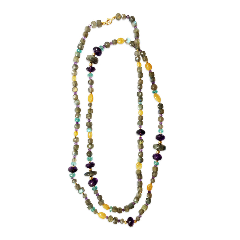 Peacock Necklace with Labradorite, Amethyst, Yellow Sapphire and Apatite in 18kt  Yellow Gold