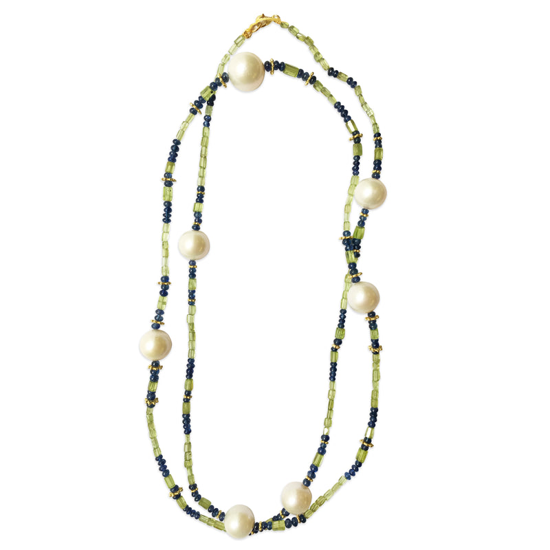 Peacock Necklace with Sapphire, Freshwater Pearls and Olivine in 18kt Yellow Gold