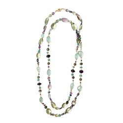 Peacock  Necklace with Aquamarine, Green Amethyst, Purple Amethyst, Kyanite, Apatite, Labradorite and Pearls in 18kt Yellow Gold