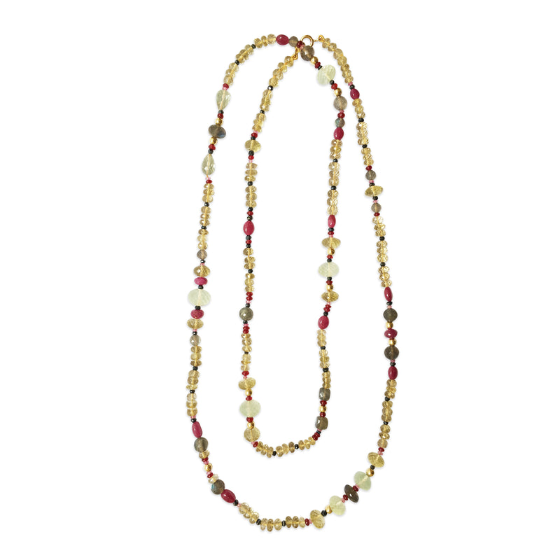 Peacock Necklace with Lemon Quartz, Ruby, Labradorite, Spinel and Pink Sapphire in 18kt Yellow Gold