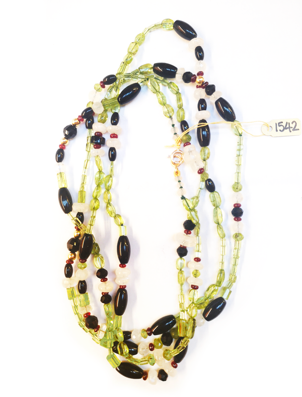 Peacock Necklace with Olivine, Onyx, Moonstone and Ruby in 18kt yellow gold