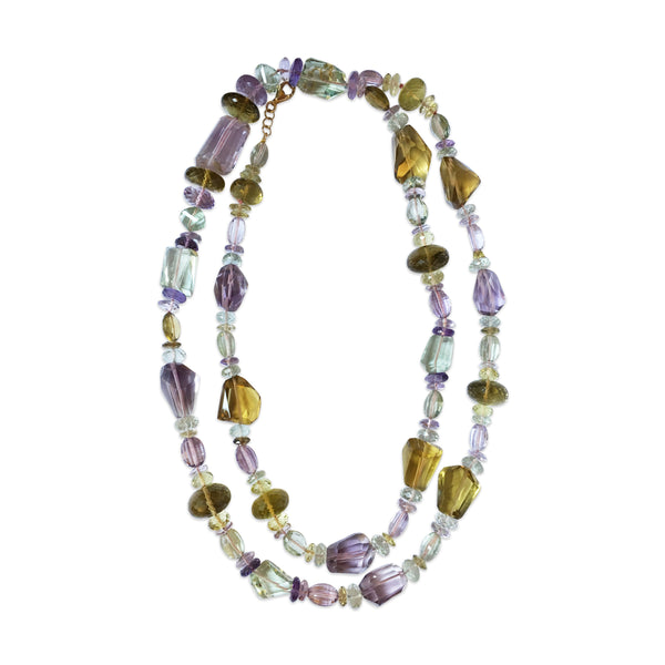 Peacock Necklace with Purple Amethyst, Green Amethyst, Kunzite, Smokey Quartz and Citrine in 18kt Yellow Gold