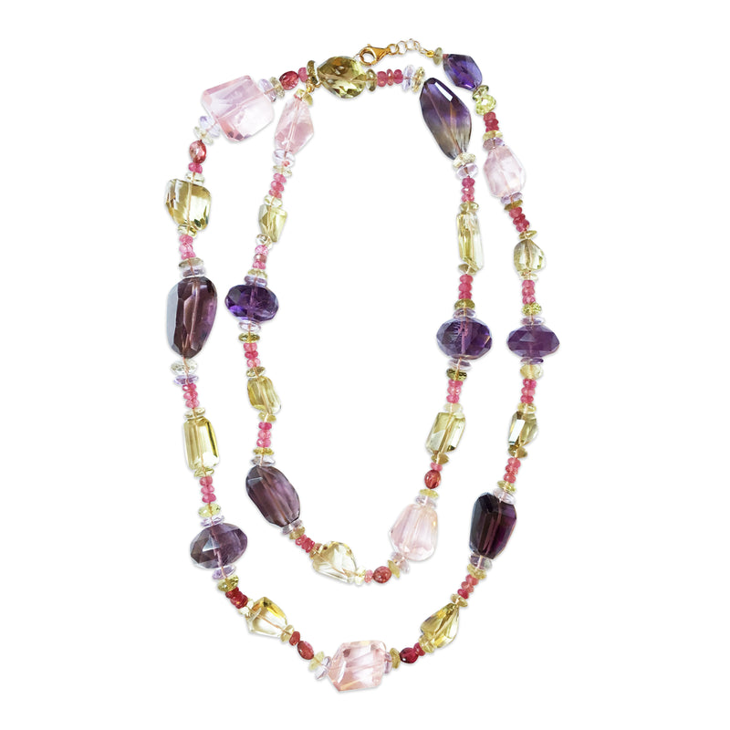 Peacock Necklace with Purple and Pink Amethyst, Lemon Quartz and Pink Sapphire in 18kt Yellow Gold