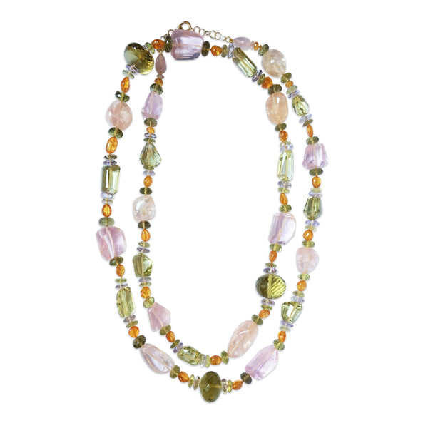 Peacock Necklace with Pink Tourmaline and Mandarin Garnet, 18Kt Yellow Gold