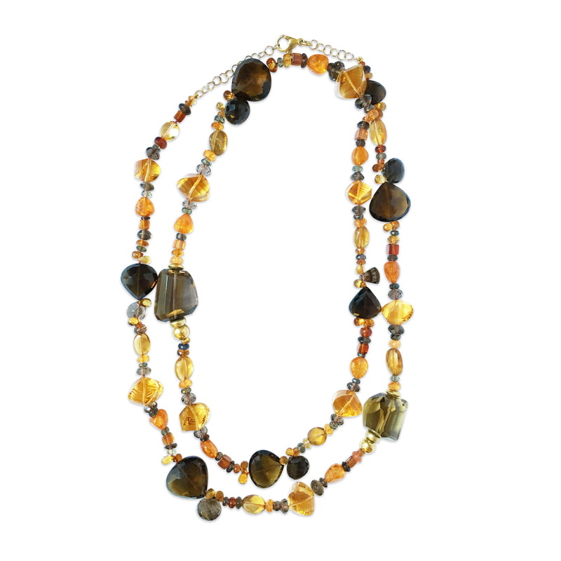 Peacock Necklace with Smokey Quartz, Citrine and Mandarin Garnet in 18kt Yellow Gold