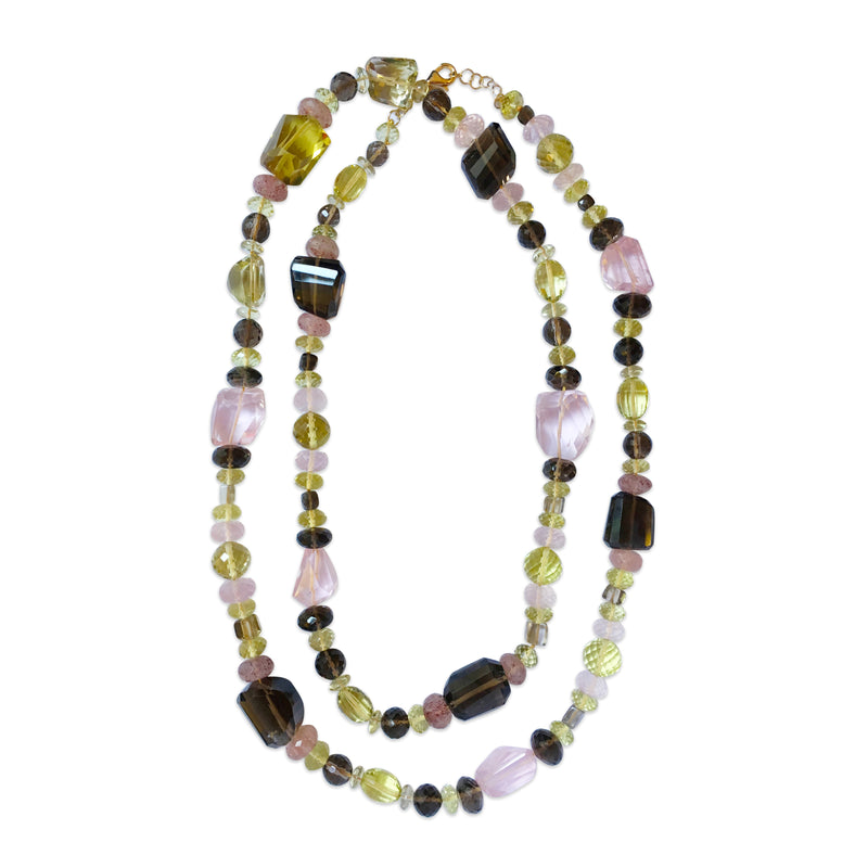 Peacock Necklace with Smokey, Pink, Lemon and Strawberry Quartz in 18kt Yellow Gold