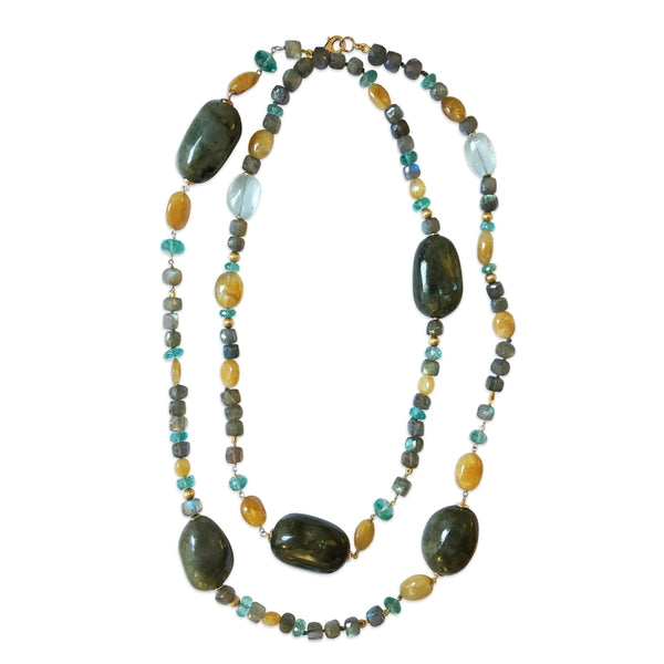 Peacock Necklace with Labradorite, Yellow Sapphire 18kt Yellow Gold