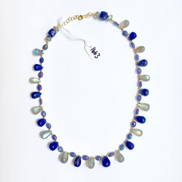 Peacock Necklace with Labradorite, Tanzanite and Lapis Lazuli in 18kt Yellow Gold