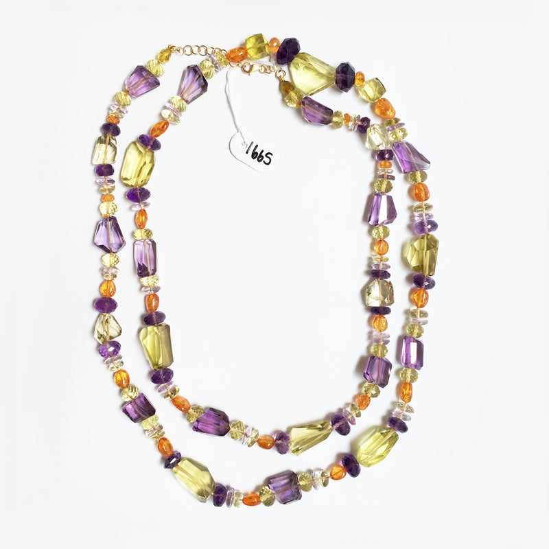 Peacock Necklace with Amethyst, Lemon Rock Crystal and Spessartine Garnet in 18kt Yellow Gold