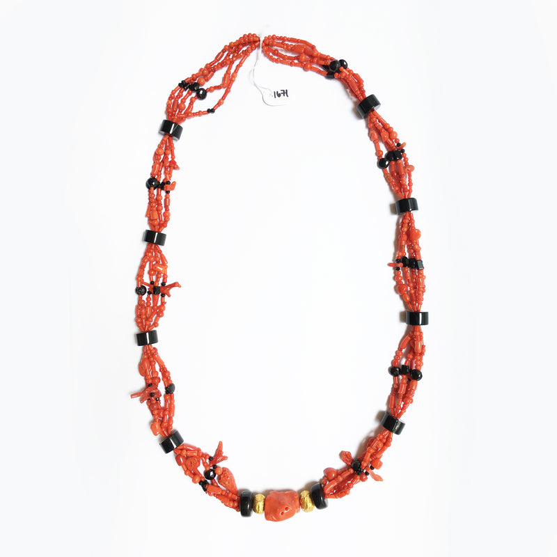 Peacock Necklace with Coral, Black Spinel and Onyx Necklace in 18kt Yellow Gold