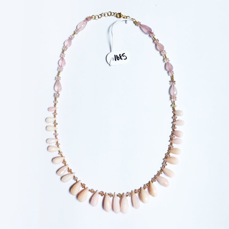 Peacock Necklace with Pink Opal, Pink Sapphire and Pink Quartz in 18kt Yellow Gold