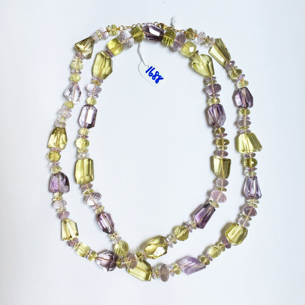 Peacock Necklace with Kunzite, Amethyst and Lemon Quartz in 18kt Yellow Gold