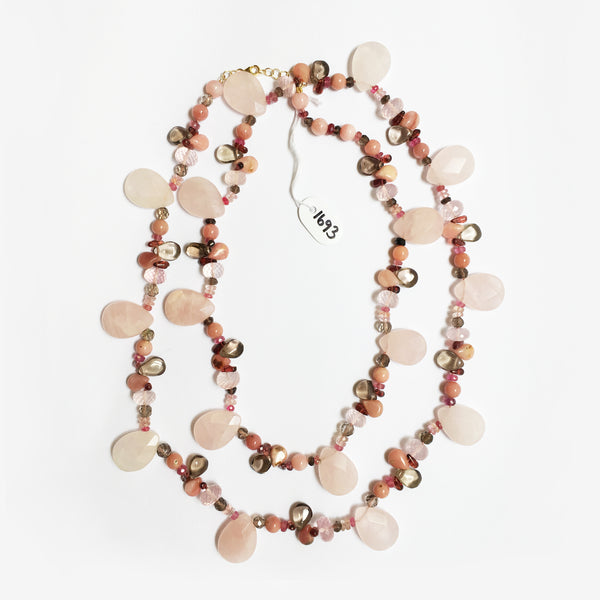 Peacock Necklace with Tourmaline, Pink Quartz and Pink Sapphire in 18kt Yellow Gold