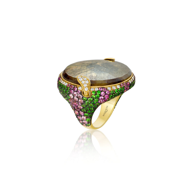 Venice Volto Brown Sapphire Ring with Tsavorite and Pink Sapphire
