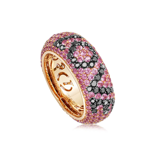 Starlight Seven Row Pink Sapphires and Black Diamond Rose Gold "LOVE" Ring