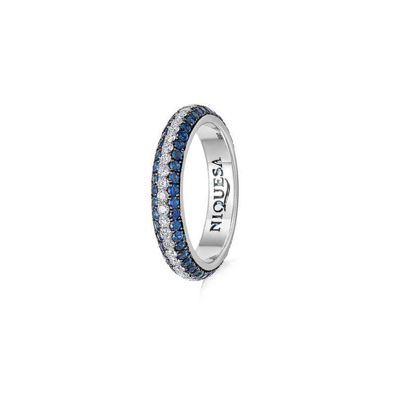 Starlight Three Row Blue Sapphire and Diamond Stripe Ring