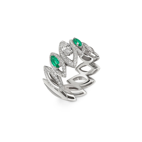 Petali Trilogy Double Emerald and Diamond Ring