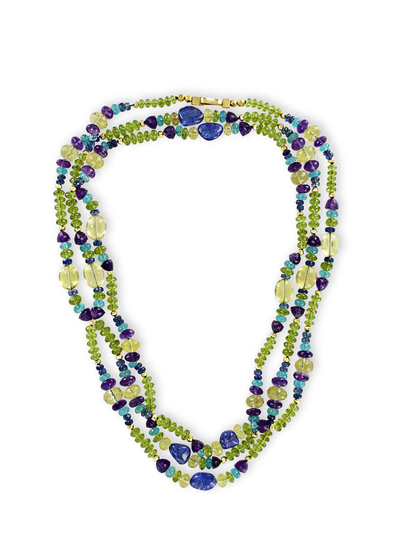 Peacock Necklace with Amethyst, Citrine, Olivine, Apatite, Quartz, Zoicite and Iolite in 18kt Yellow Gold